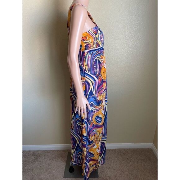 Line & Dot Silk Maxi Dress Orange Blue Purple Swirl Pattern Size Small - Picture 6 of 12